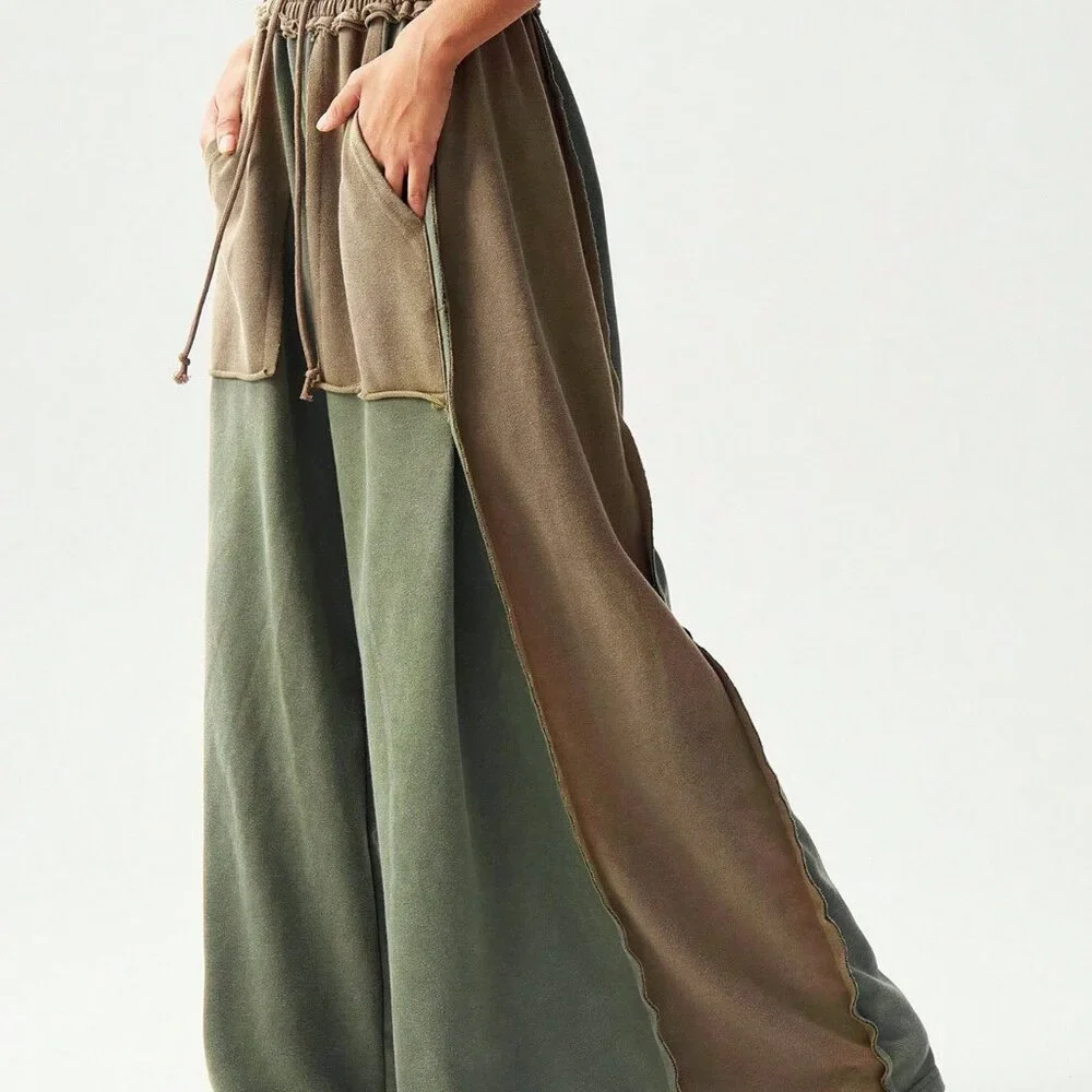 Multicolor Casual Women's Knit Patchwork Loose Wide Leg Washed Pants - Picture 7 of 7